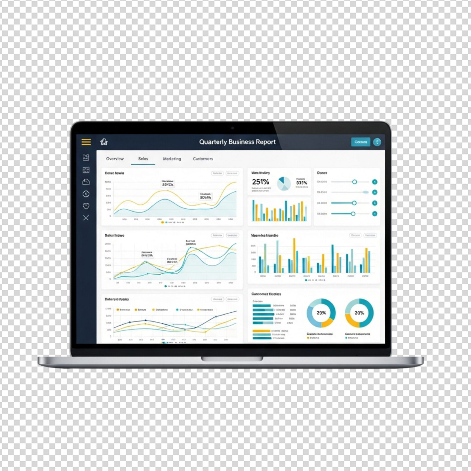 Laptop displaying business analytics dashboard with performance metrics and charts for website speed optimization