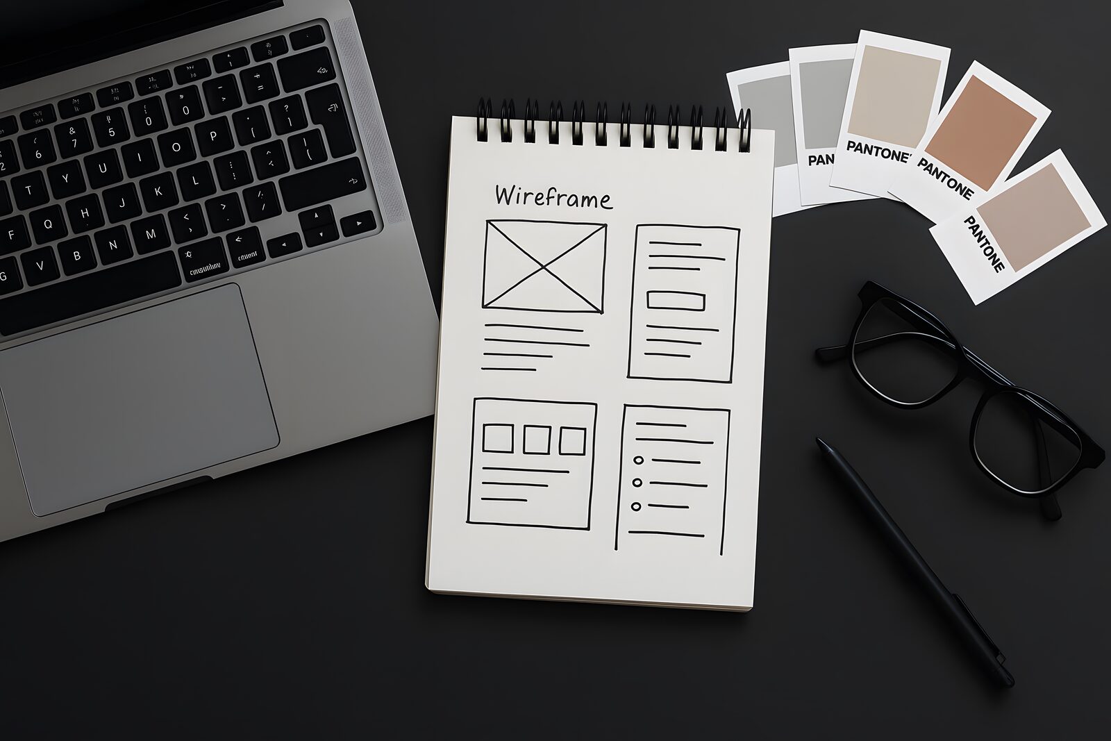 Design workspace with wireframe sketches, laptop, and color swatches laid out for website redesign planning