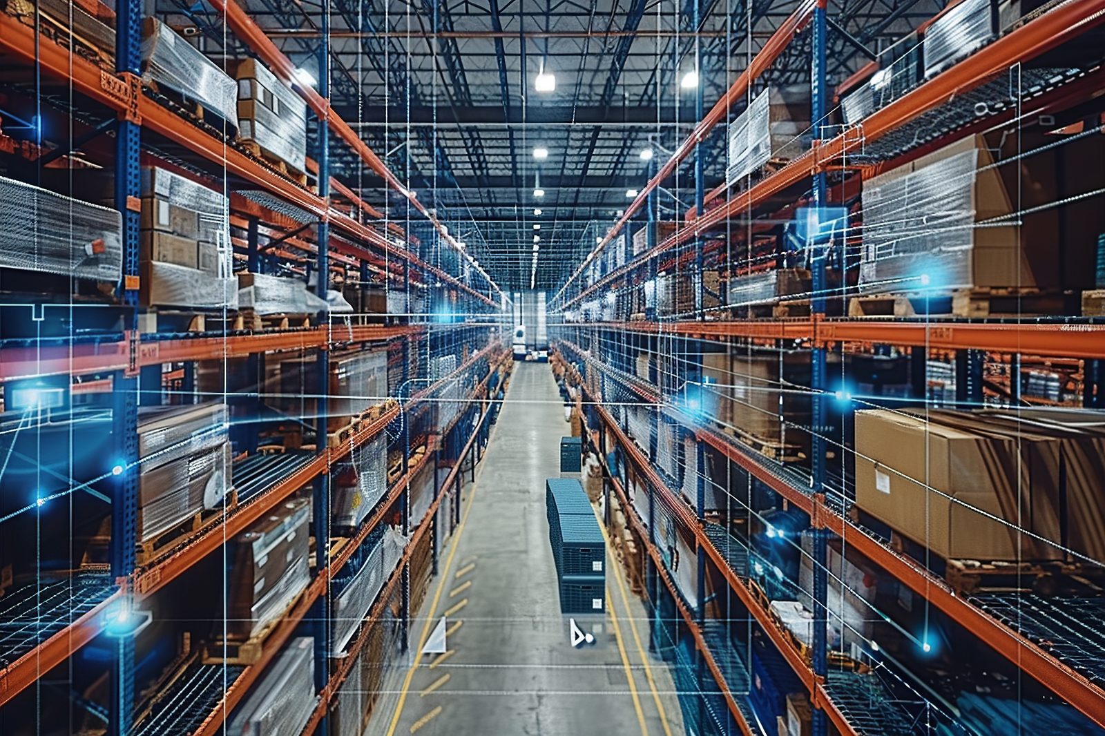 Smart warehouse with IoT sensors and automated inventory management systems representing AI-powered business operations