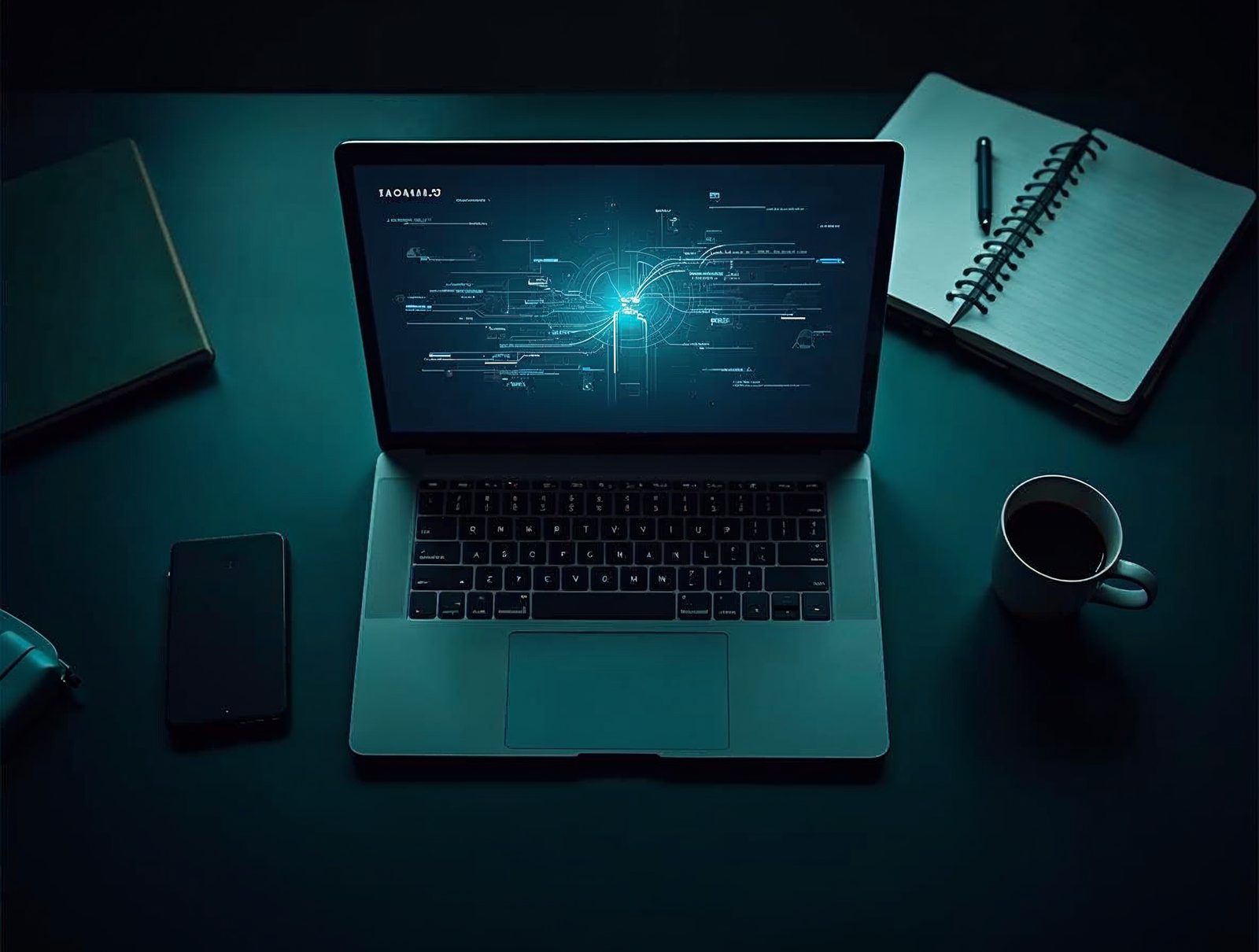 Technology strategy planning workspace with laptop displaying project roadmap and management tools for small business